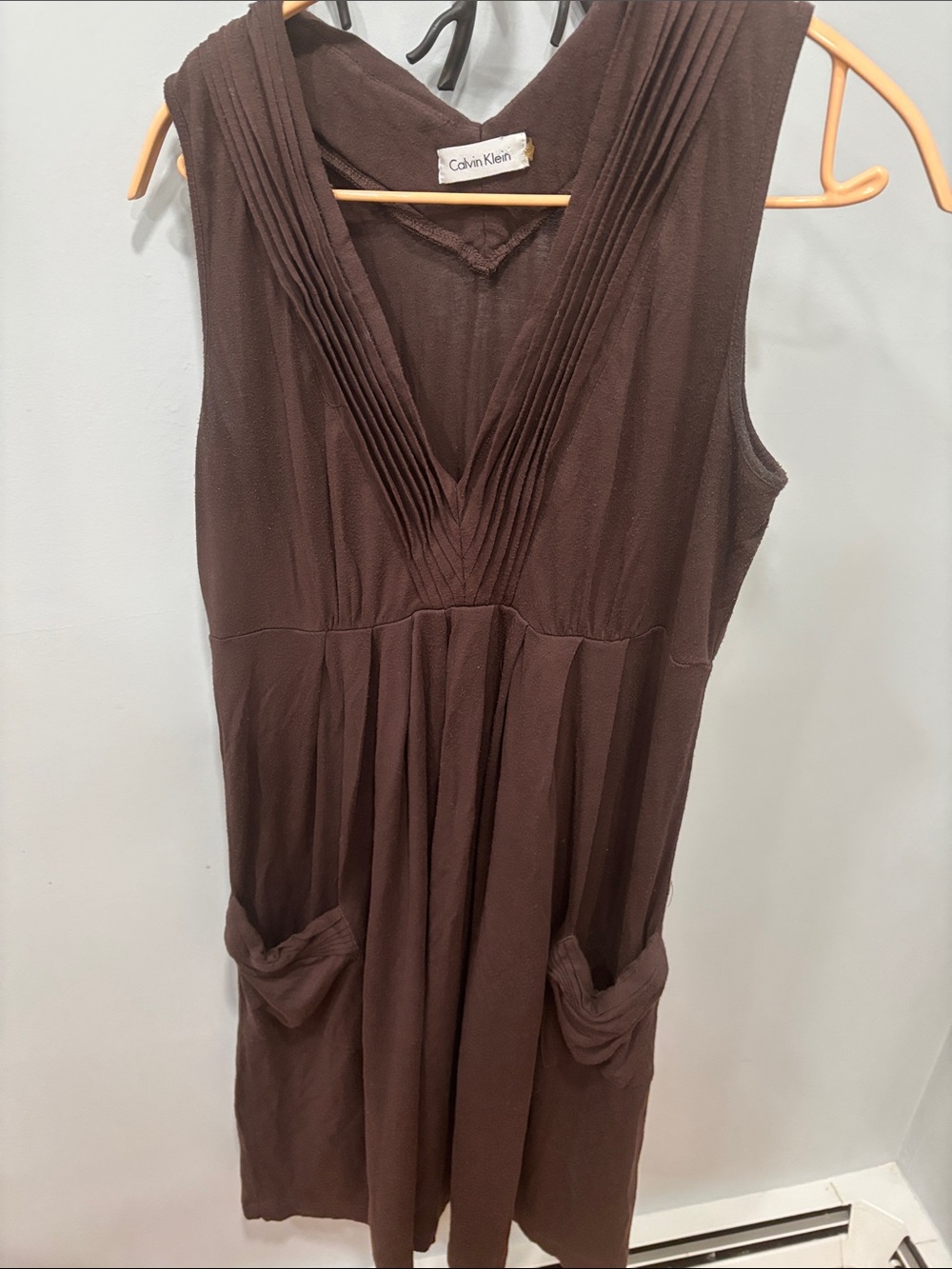 Calvin Klein Chocolate Brown Pleated V-Neck Sleeveless Dress